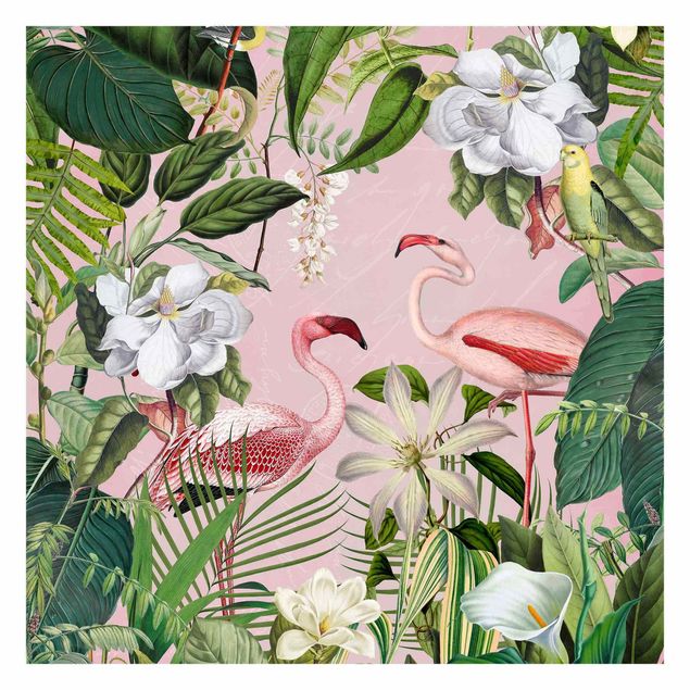papel parede de flor Tropical Flamingos With Plants In Pink