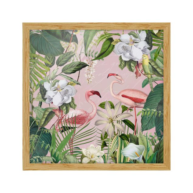 quadros flores Tropical Flamingos With Plants In Pink