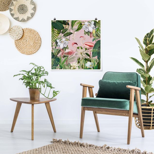 Posters flores Tropical Flamingos With Plants In Pink