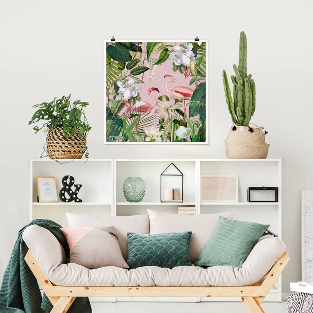Quadros florais Tropical Flamingos With Plants In Pink