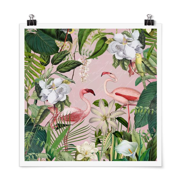 Posters quadros famosos Tropical Flamingos With Plants In Pink