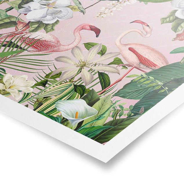 Quadros rosas Tropical Flamingos With Plants In Pink