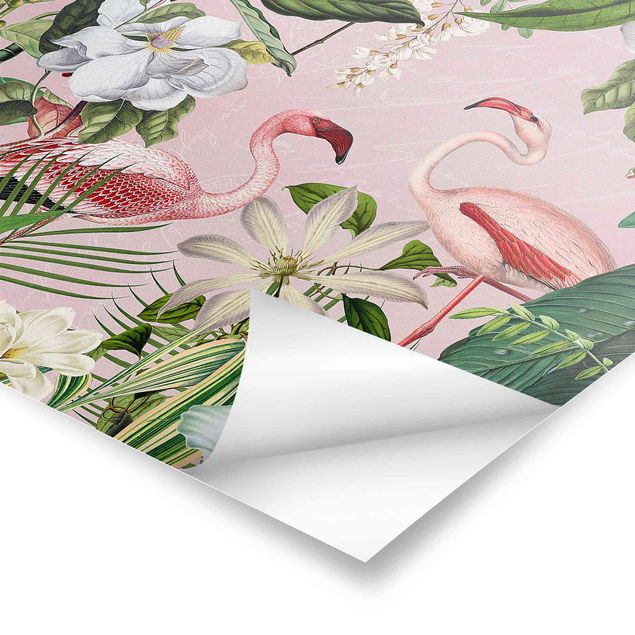 quadros para parede Tropical Flamingos With Plants In Pink