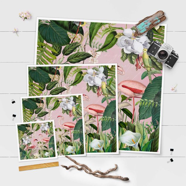 posters decorativos Tropical Flamingos With Plants In Pink