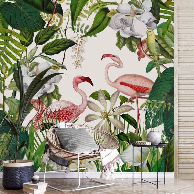 Papel de parede flamingo Tropical Flamingos With Plants