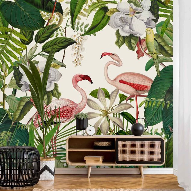 Papel de parede pássaros Tropical Flamingos With Plants
