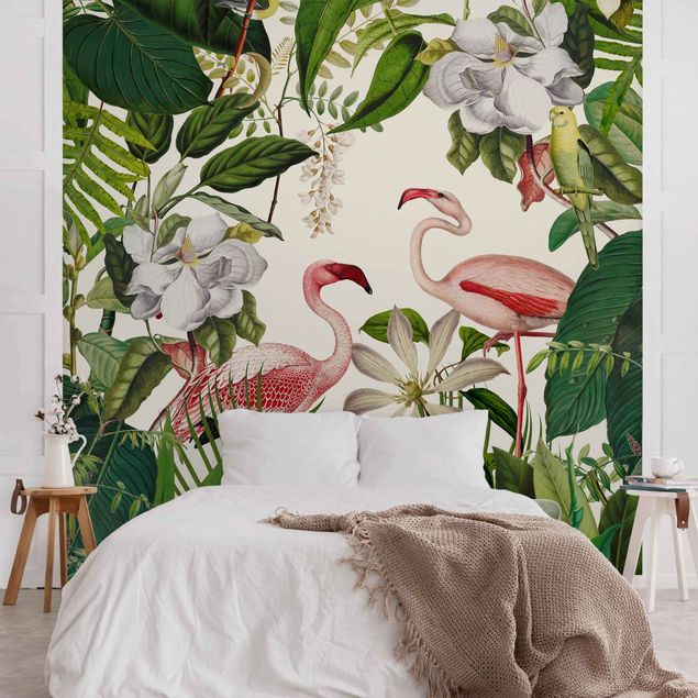 papel de parede floral vintage Tropical Flamingos With Plants