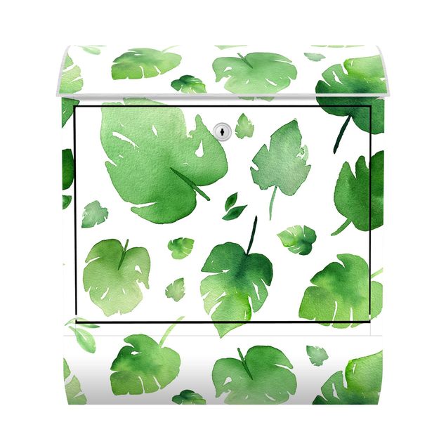 Caixa correio verde Tropical Green Watercolour Leaves