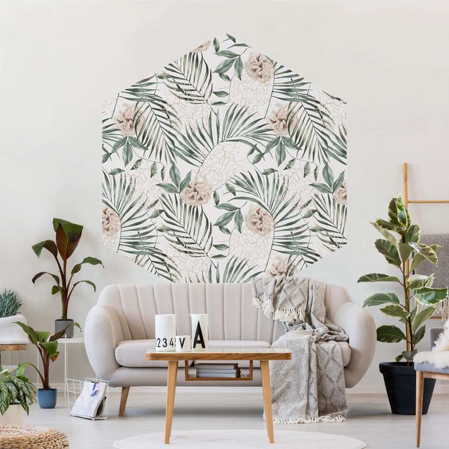 papel de parede moderno para sala Tropical Palm Bows With Roses Watercolour