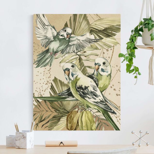 Telas decorativas aves Tropical Birds - Green Budgerigar