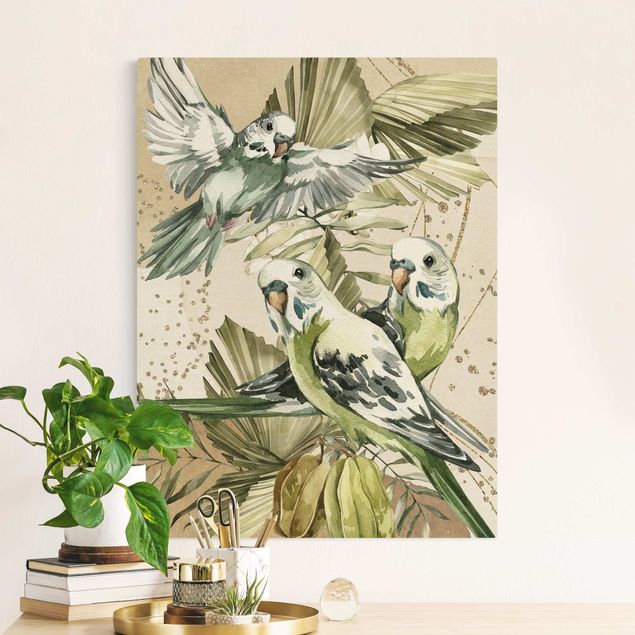 Telas decorativas flores Tropical Birds - Green Budgerigar