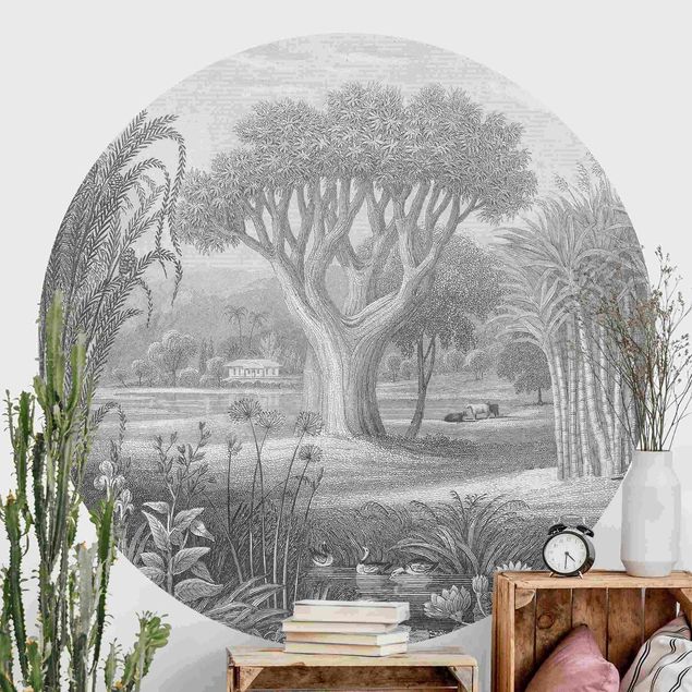 decoraçoes cozinha Tropical Copperplate Engraving Garden With Pond In Grey