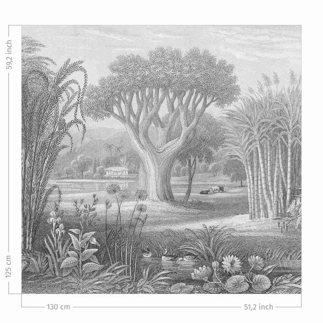 Cortinas por medida Tropical Copperplate Engraving Garden With Pond In Grey