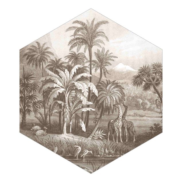 papel de parede para quarto de casal moderno Tropical Copperplate Engraving With Giraffes In Brown