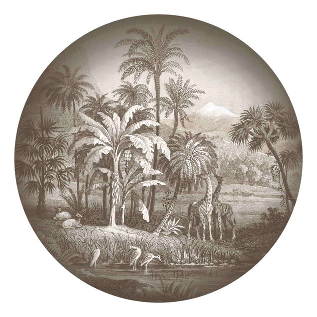 papel de parede moderno Tropical Copperplate Engraving With Giraffes In Brown