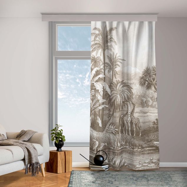 Cortinas de floresta Tropical Copperplate Engraving With Giraffes In Brown
