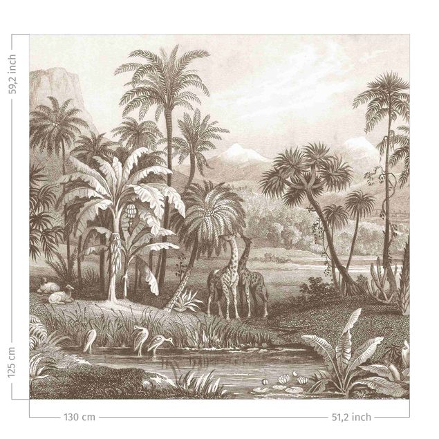 Cortinas por medida Tropical Copperplate Engraving With Giraffes In Brown