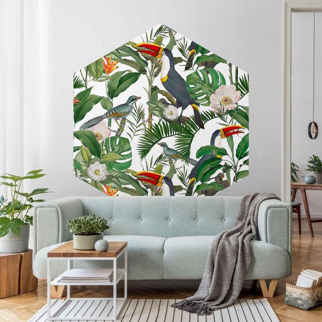 Papel de parede padrões Tropical Toucan With Monstera And Palm Leaves