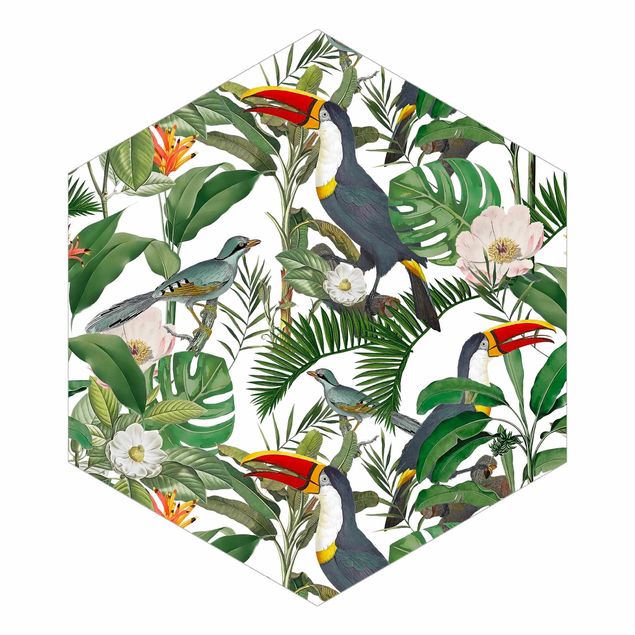 Papel de parede verde Tropical Toucan With Monstera And Palm Leaves