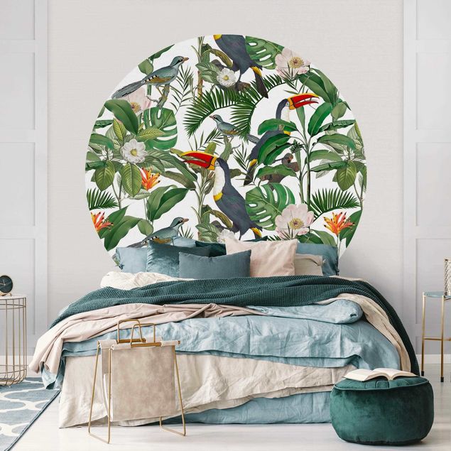 Papel de parede com pássaros Tropical Toucan With Monstera And Palm Leaves