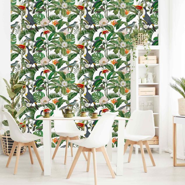 Papel de parede vintage Tropical Toucan With Monstera And Palm Leaves