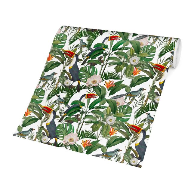 papel de parede moderno Tropical Toucan With Monstera And Palm Leaves