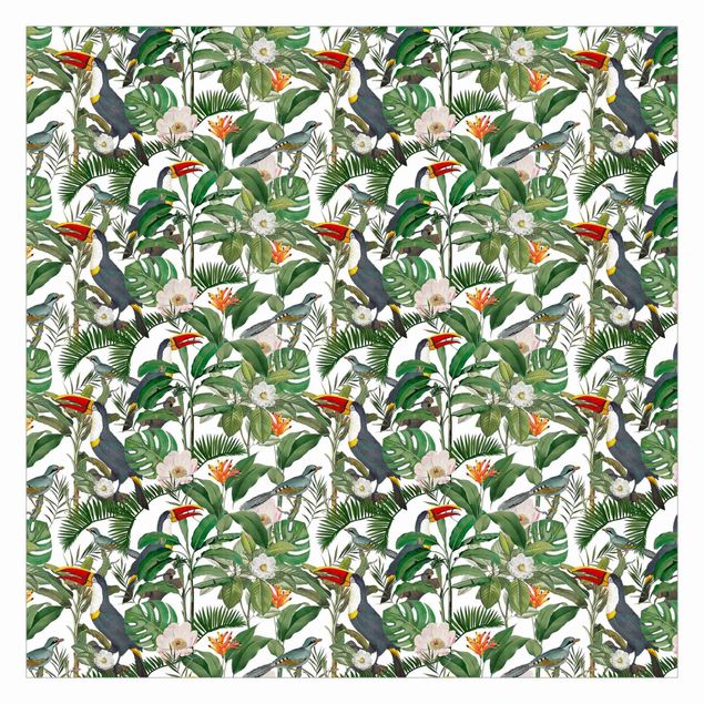 Papel de parede verde Tropical Toucan With Monstera And Palm Leaves