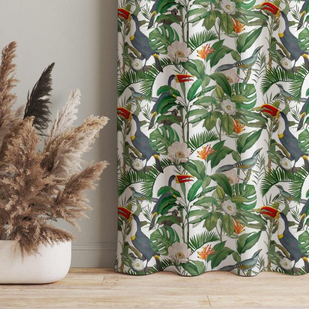 Cortinas modernas Tropical Toucan With Monstera And Palm Leaves