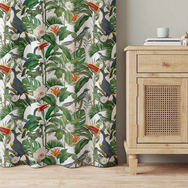 Cortinas vintage Tropical Toucan With Monstera And Palm Leaves