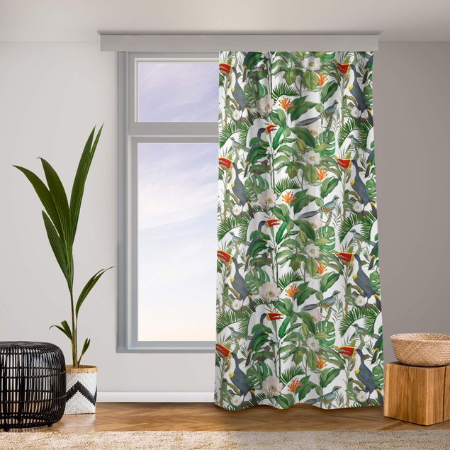 Cortinados estampados Tropical Toucan With Monstera And Palm Leaves