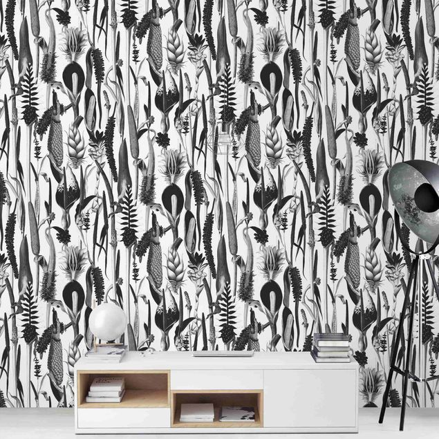 papel de parede floral Tropical Luxury Pattern Black And White