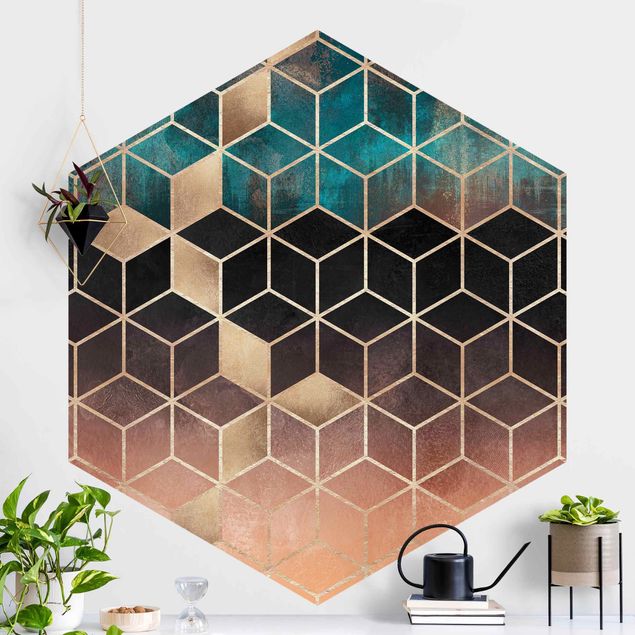 Papel parede geométrico Turquoise Rosé Golden Geometry