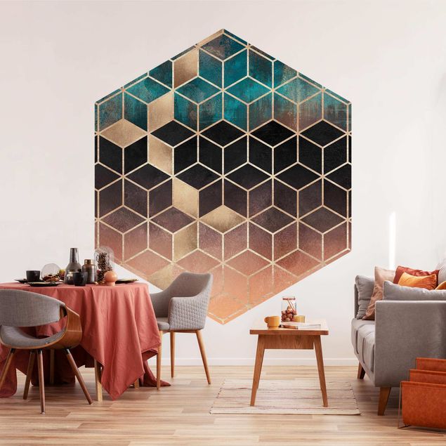 papel de parede para quarto de casal 3d Turquoise Rosé Golden Geometry