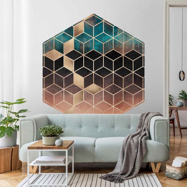 Papel de parede padrões Turquoise Rosé Golden Geometry