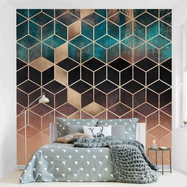 papel de paredes 3d Turquoise Rosé Golden Geometry