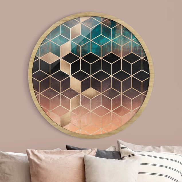 Quadros com moldura abstratos Turquoise Rosé Golden Geometry