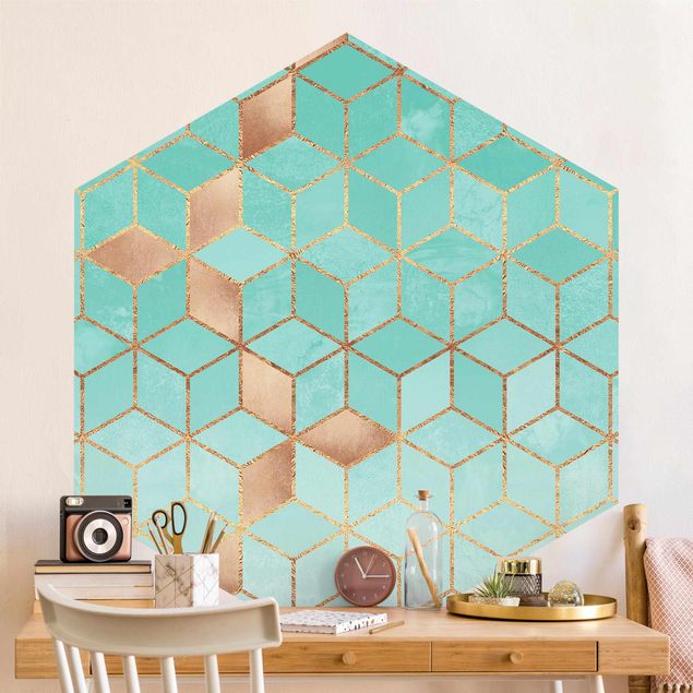 decoraçao para parede de cozinha Turquoise White Golden Geometry