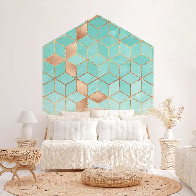 papel de parede para quarto de casal 3d Turquoise White Golden Geometry