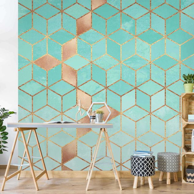 Papel de parede padrões Turquoise White Golden Geometry