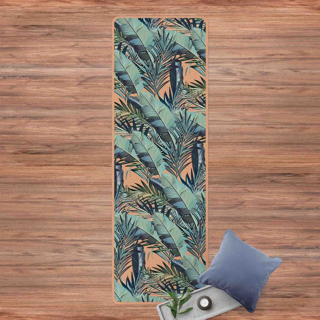 Tapetes modernos Turquoise Leaves Jungle Pattern
