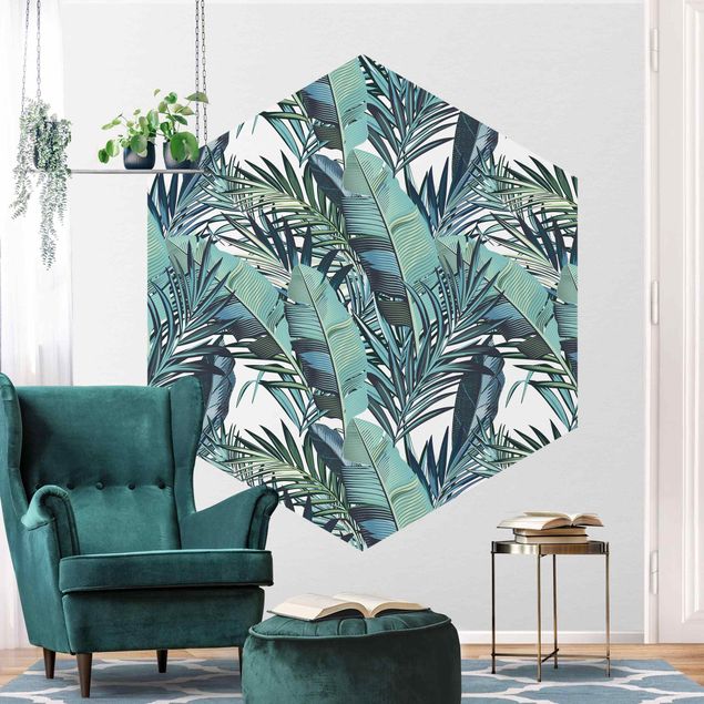 papel de parede moderno Turquoise Leaves Jungle Pattern