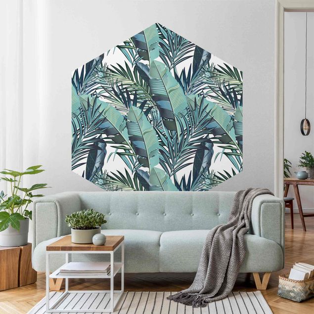 Papel de parede com flores Turquoise Leaves Jungle Pattern
