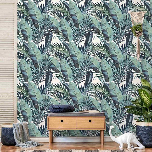 papel parede de flor Turquoise Leaves Jungle Pattern