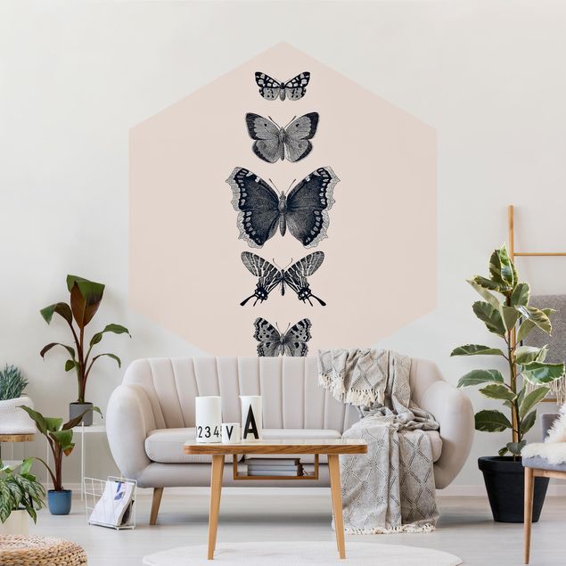 papel de parede moderno Ink Butterflies On Beige Backdrop