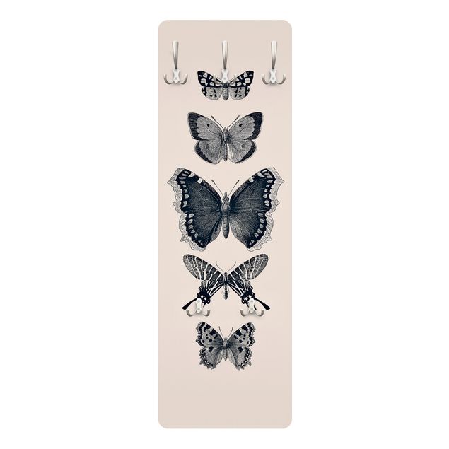 cabideiro de parede Ink Butterflies On Beige Backdrop
