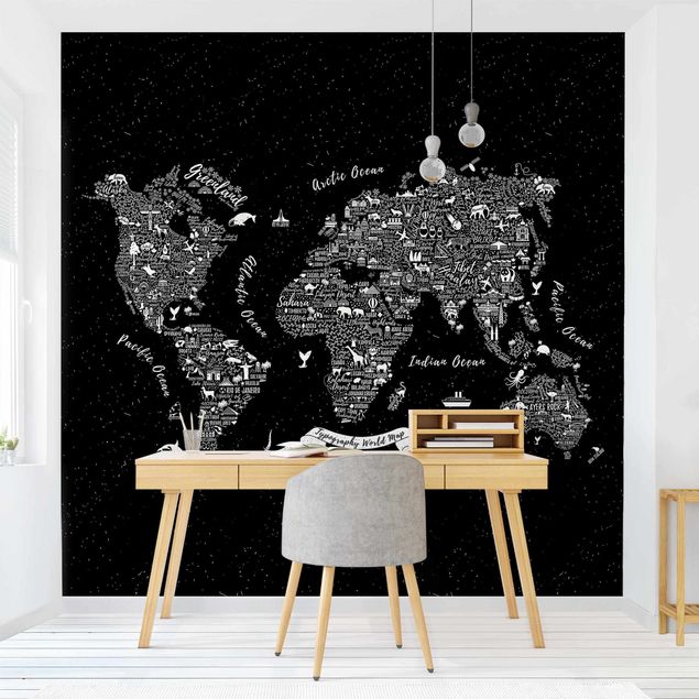 papel de parede branco e preto Typography World Map Black
