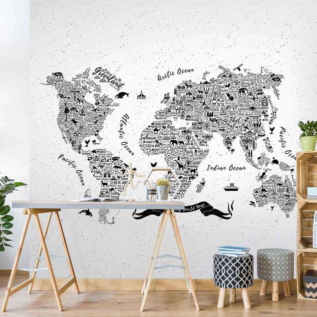 Papel de parede preto e branco Typography World Map White