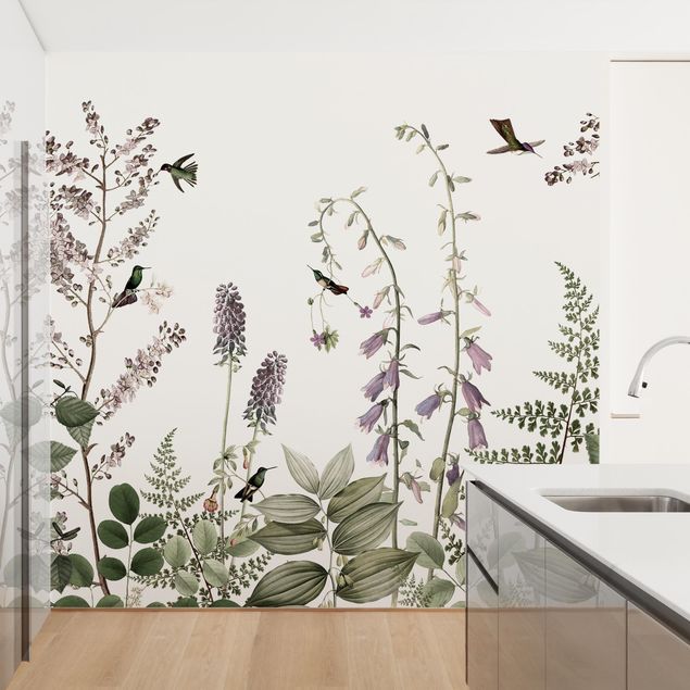 papel de parede para quarto de casal moderno Playful hummingbirds among bellflowers