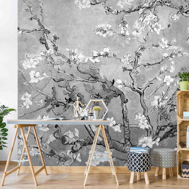 Quadros movimento artístico Pontilhismo Vincent Van Gogh - Almond Blossom Black And White