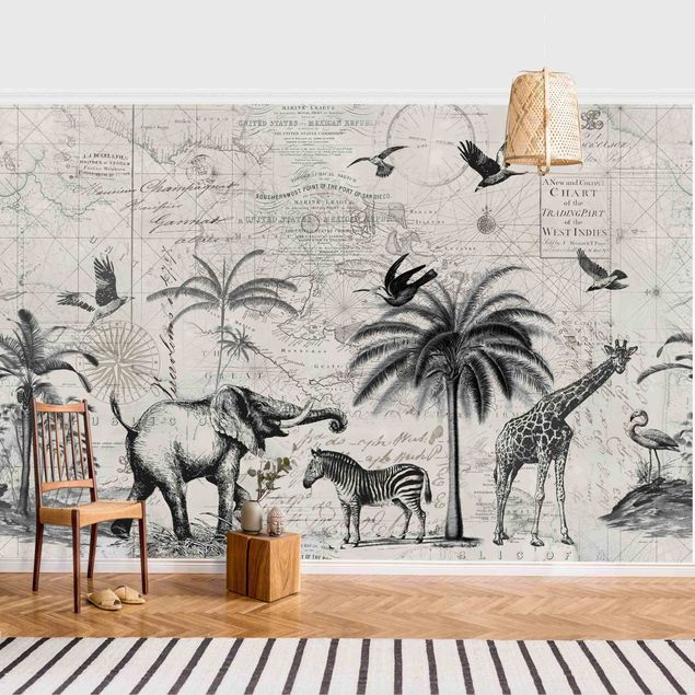 Papel de parede flamingo Vintage Collage - Exotic Map